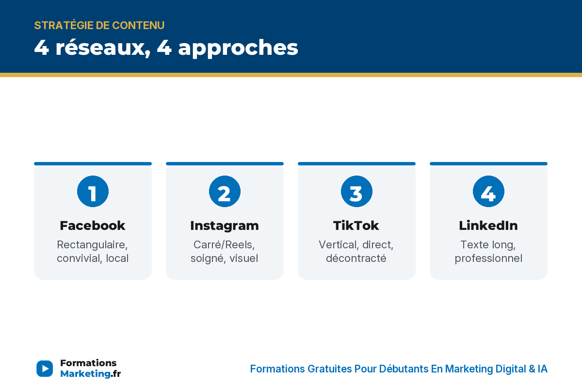 adapter contenu chaque reseau social infographie 4 réseaux, 4 approches : Facebook, Instagram, TikTok, LinkedIn - formationsmarketing.fr
