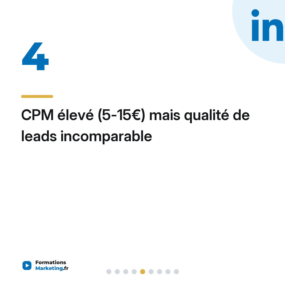 CPM élevé (5-15€) mais qualité de leads incomparable