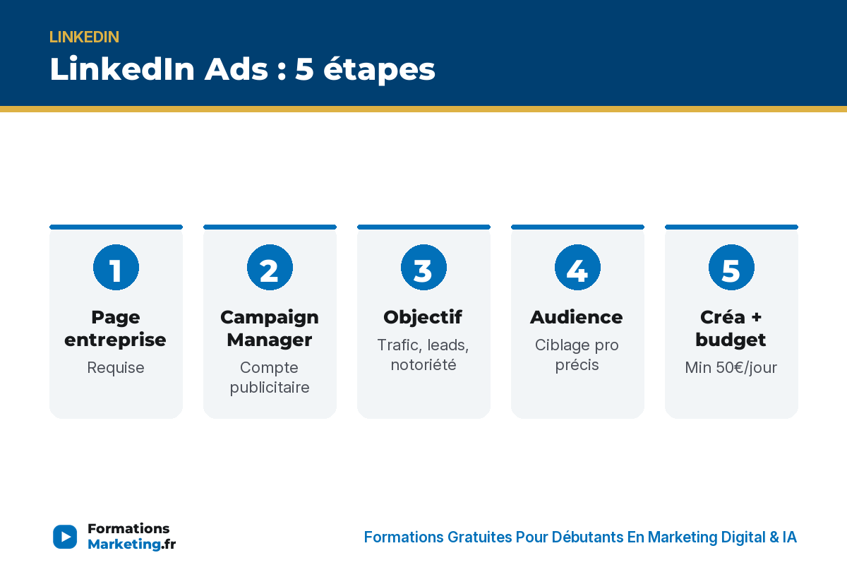LinkedIn Ads 5 étapes : page entreprise, Campaign Manager, objectif, audience, créa+budget - formationsmarketing.fr