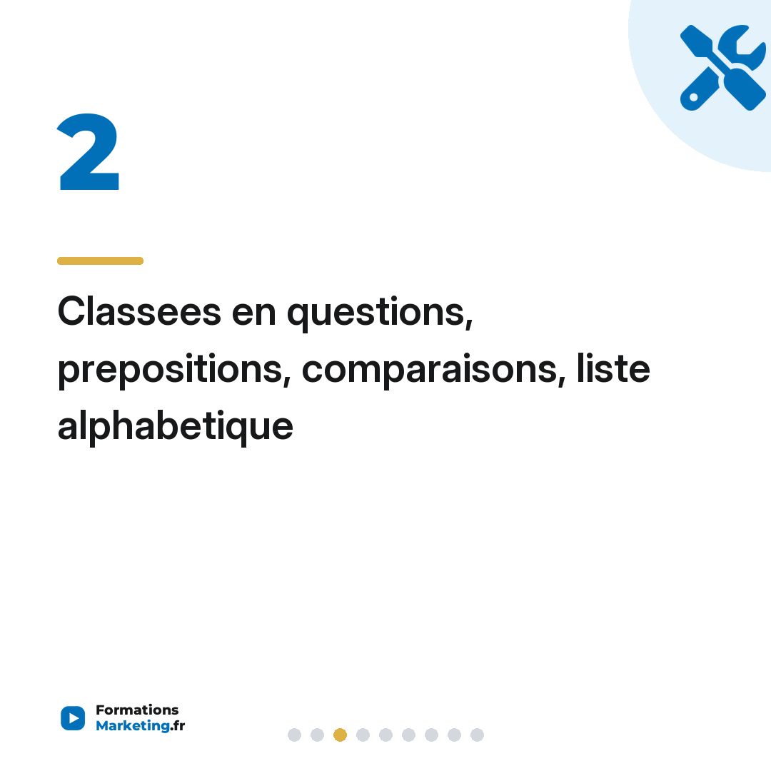 Classees en questions, prepositions, comparaisons, liste alphabetique