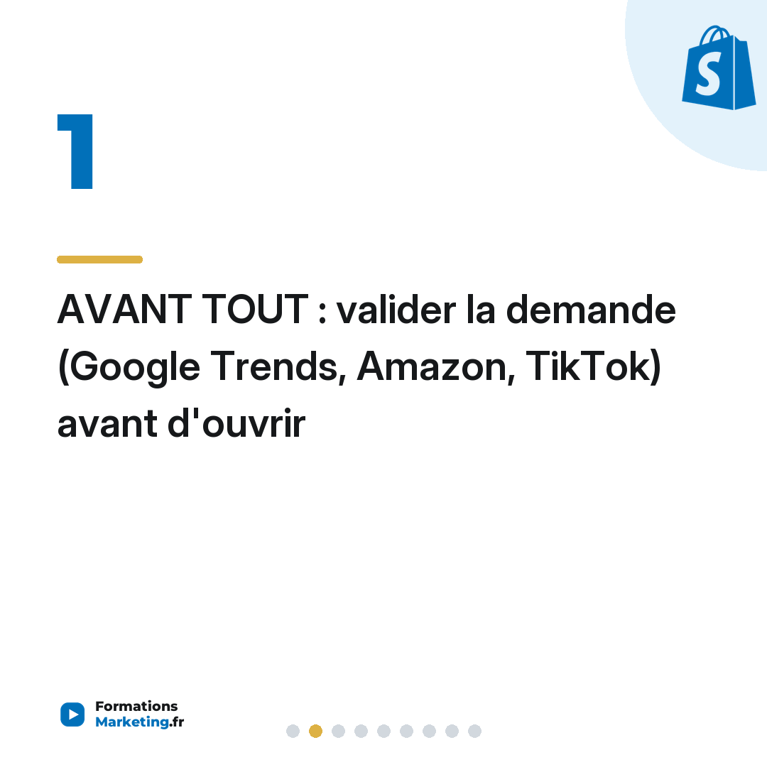 AVANT TOUT : valider la demande (Google Trends, Amazon, TikTok) avant d'ouvrir