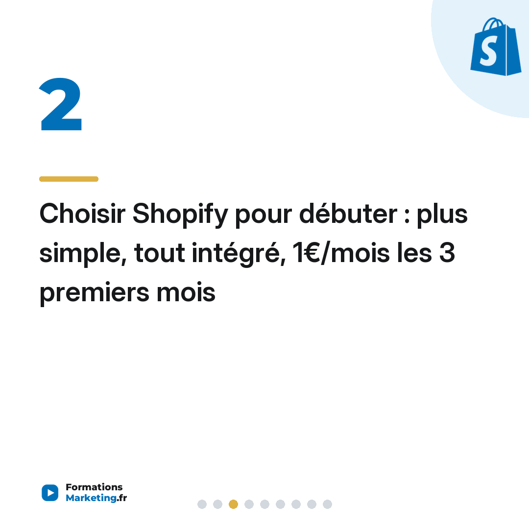 Choisir Shopify pour débuter : plus simple, tout intégré, 1€/mois les 3 premiers mois
