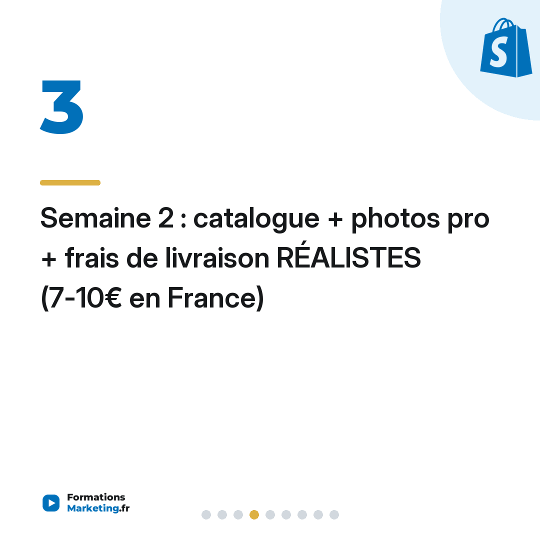 Semaine 2 : catalogue + photos pro + frais de livraison RÉALISTES (7-10€ en France)