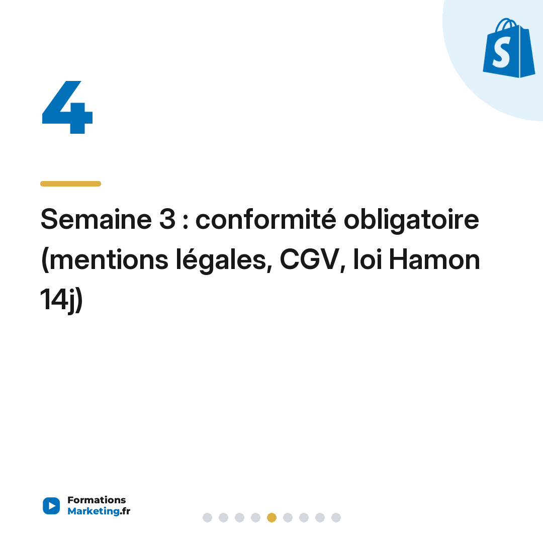 Semaine 3 : conformité obligatoire (mentions légales, CGV, loi Hamon 14j)