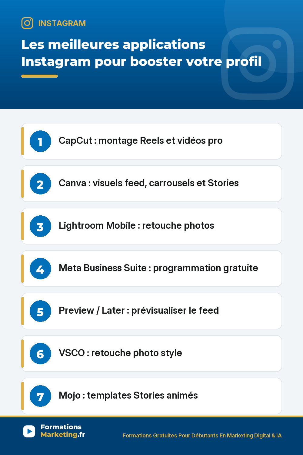 apps ig pinterest Meilleures applications Instagram pour booster profil : CapCut montage Reels professionnel transitions effets sous-titres auto bibliothèque musicale, Canva visuels feed carrousels Stories milliers templates Instagram, Lightroom Mobile retouche photos presets, Meta Business Suite programmation 75 jours à l'avance stats messagerie unifiée gratuit, Preview ou Later prévisualiser feed avant publication