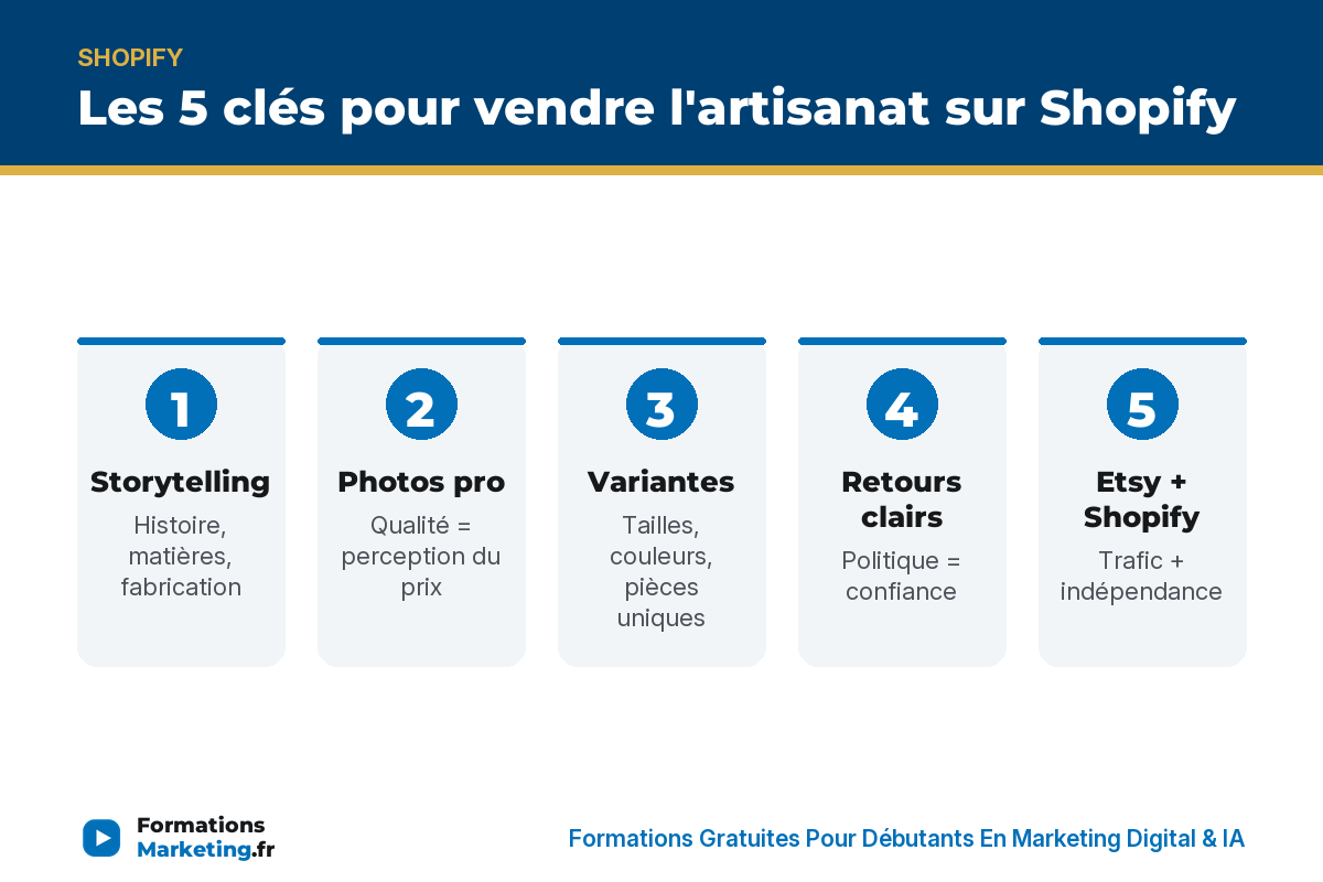 artisanat shopify infographie Les 5 clés pour vendre l'artisanat sur Shopify : storytelling, photos, variantes, retours, Etsy + Shopify - formationsmarketing.fr