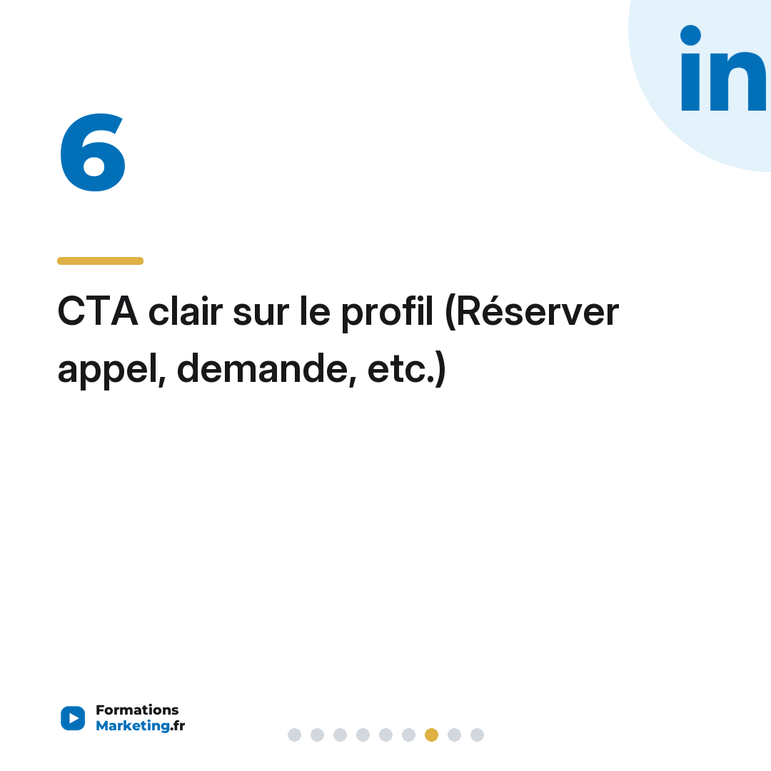 CTA clair sur le profil (Réserver appel, demande, etc.)