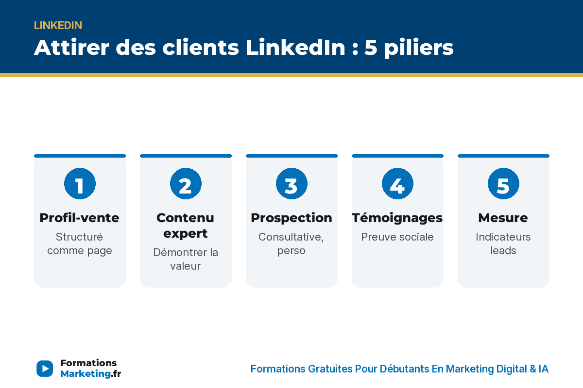 Attirer clients LI 5 piliers : profil-vente, contenu expert, prospection consultative, témoignages, mesure - formationsmarketing.fr