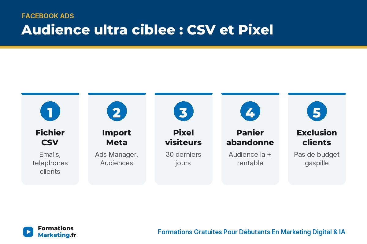audience ultra ciblee infographie Audience ultra ciblee Facebook Ads : CSV, import, pixel, panier abandonne, exclusion, mise a jour, combinaison - formationsmarketing.fr