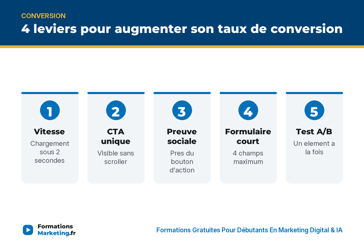 4 leviers pour augmenter son taux de conversion : vitesse, CTA, preuve sociale, formulaire, test A/B, mobile - formationsmarketing.fr