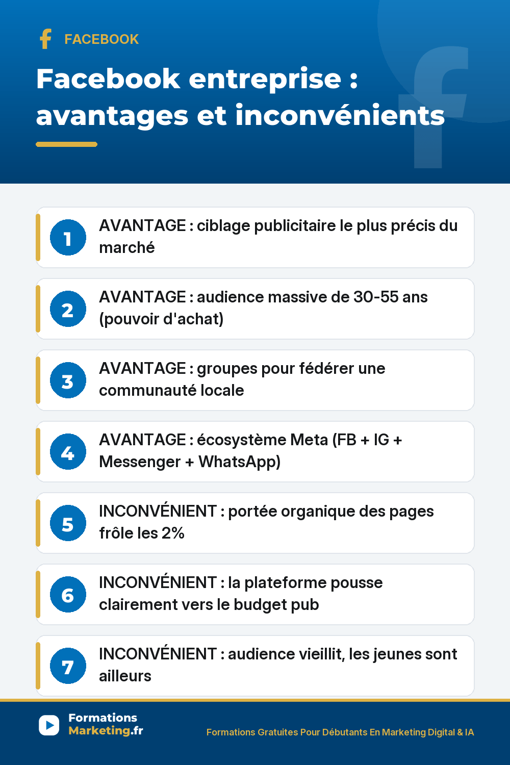 Facebook entreprise avantages : ciblage publicitaire le plus précis du marché audience massive 30-55 ans pouvoir d'achat groupes communauté locale écosystème Meta intégré, inconvénients portée organique frôle 2% audience qui vieillit jeunes ailleurs pousse vers budget pub concurrence saturée