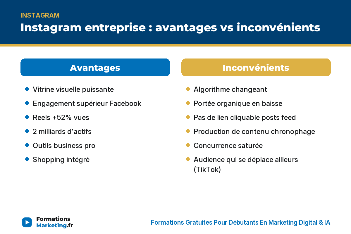 avantages inconvenients ig infographie Instagram avantages vs inconvénients : visuel, engagement, Reels vs algo, portée, lien, production - formationsmarketing.fr