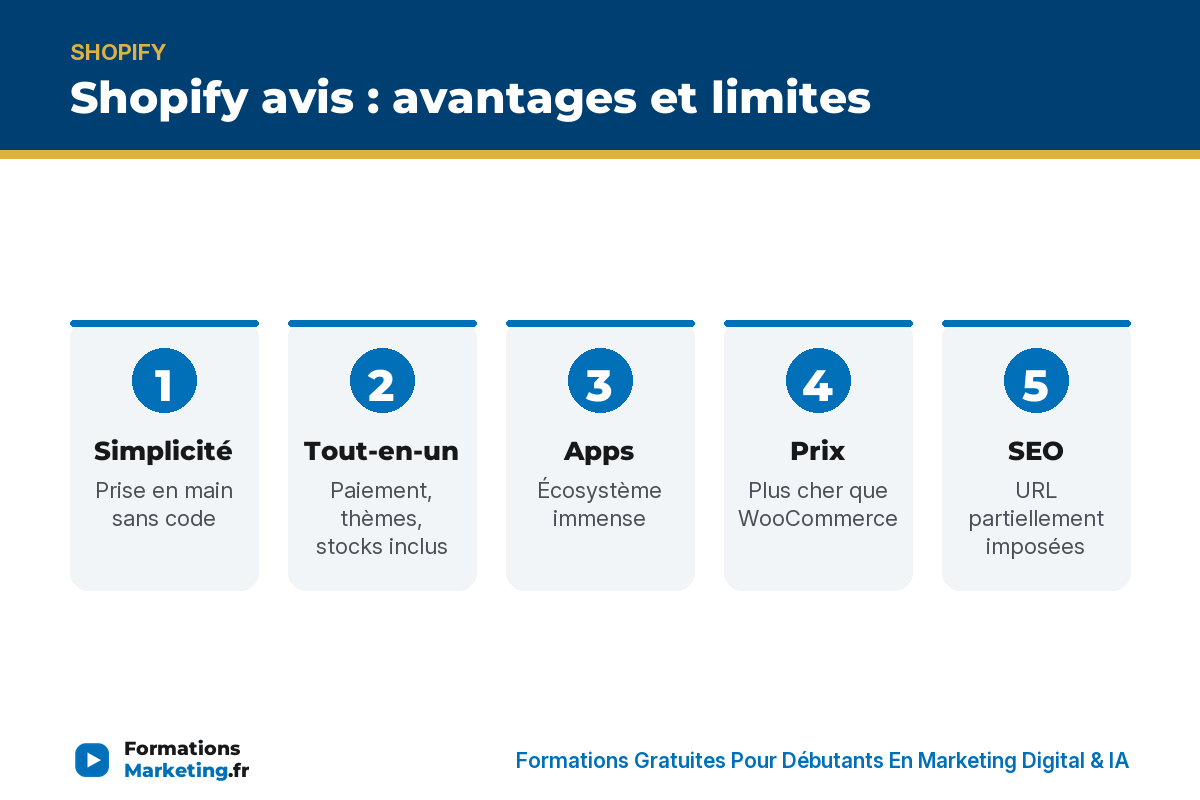 Shopify avis : avantages et limites, simplicité, tout-en-un, apps, prix, SEO - formationsmarketing.fr