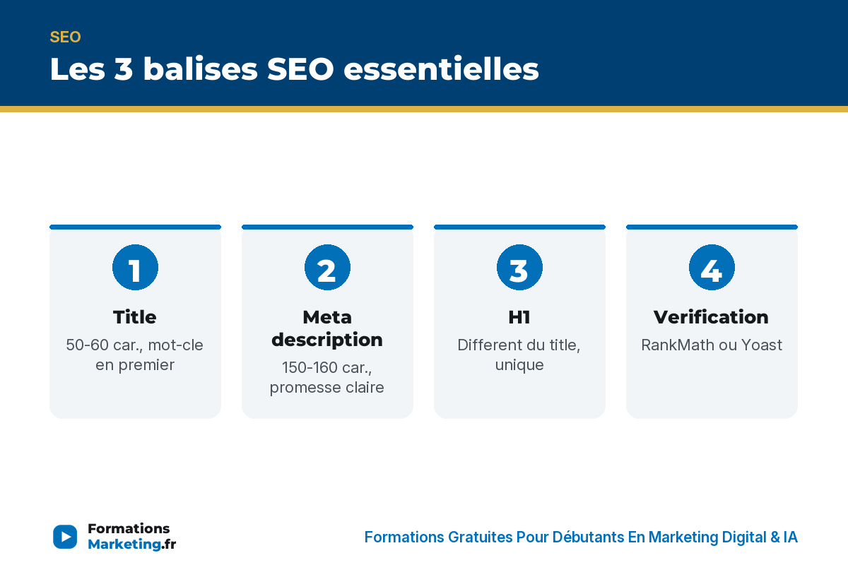 Les 3 balises SEO essentielles : title, meta description, H1, verification - formationsmarketing.fr