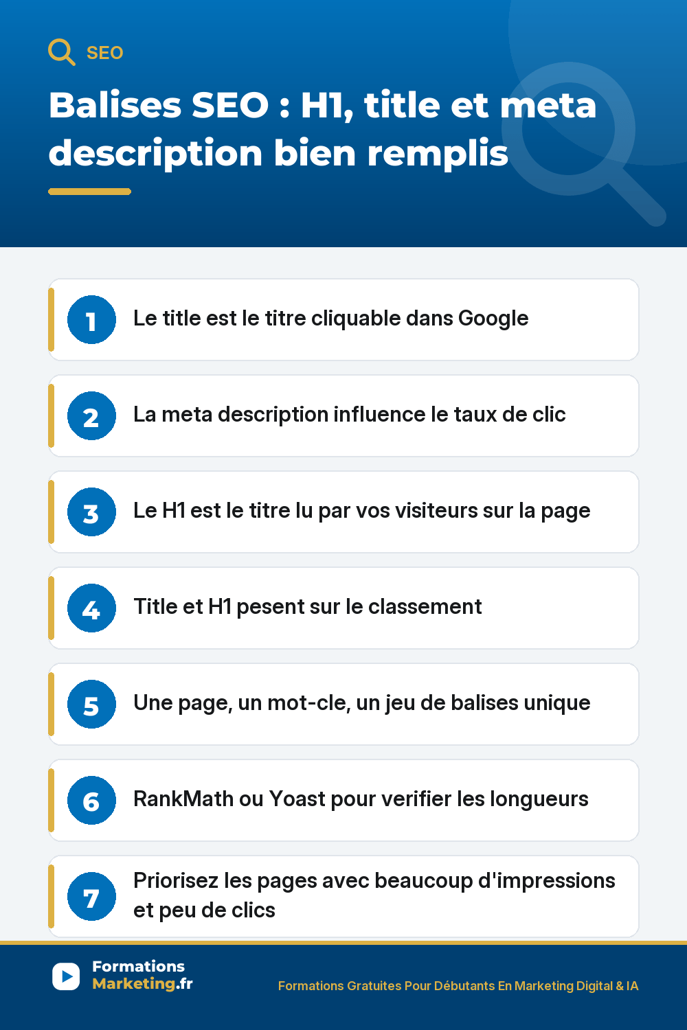 Balises SEO : title titre cliquable, meta description influence le clic, H1 titre visiteur, gratuit