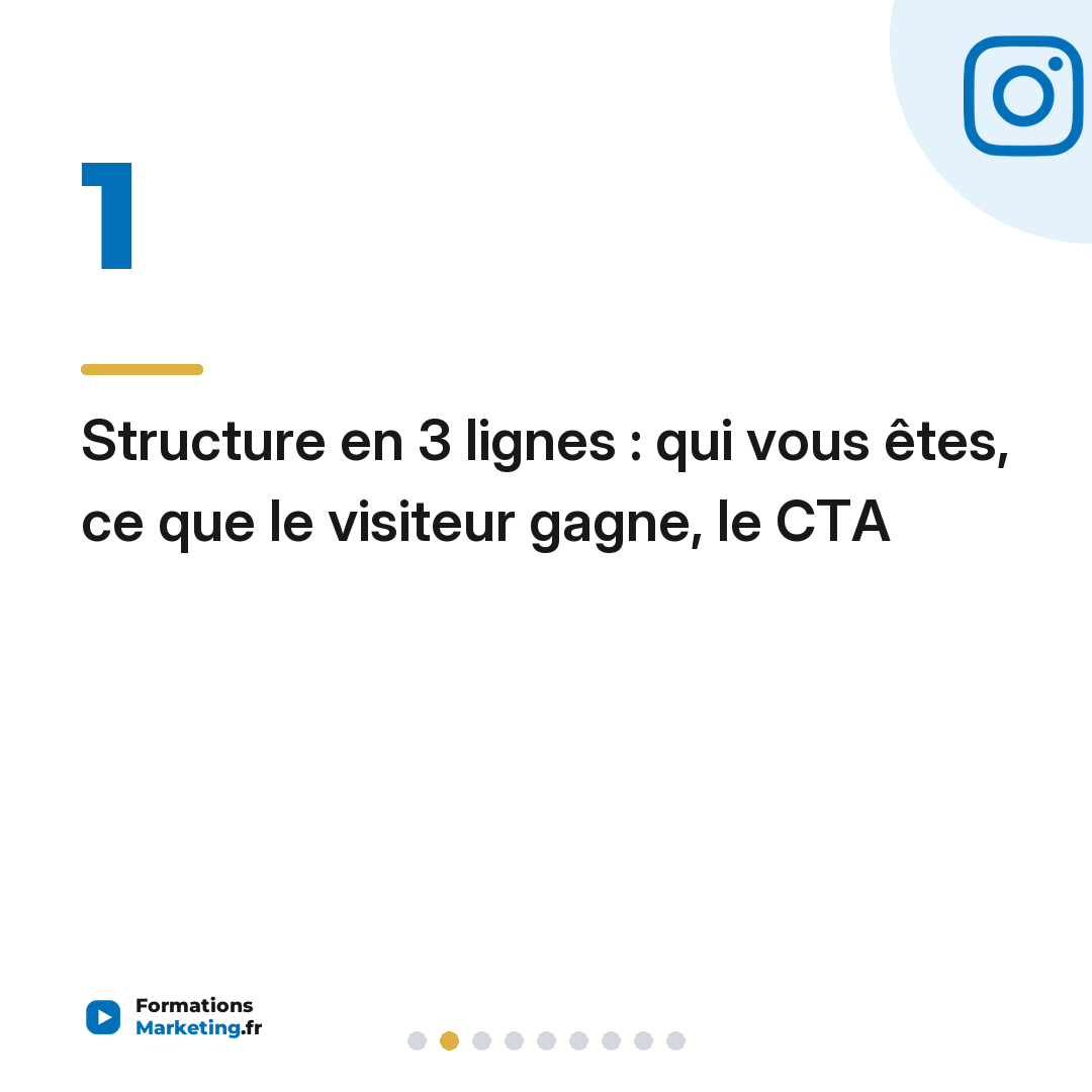Structure en 3 lignes : qui vous êtes, ce que le visiteur gagne, le CTA