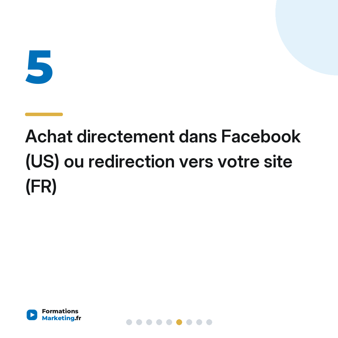 Achat directement dans Facebook (US) ou redirection vers votre site (FR)