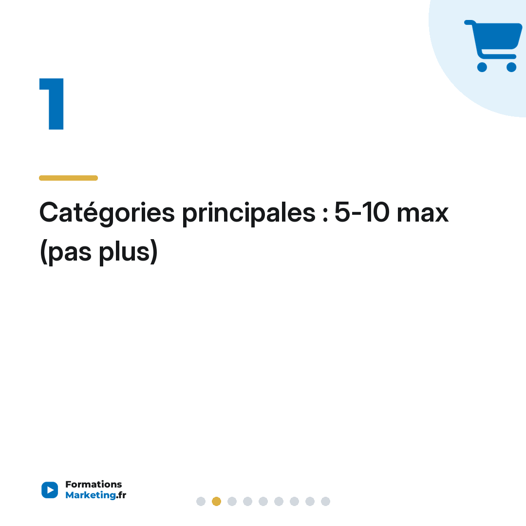 Catégories principales : 5-10 max (pas plus)