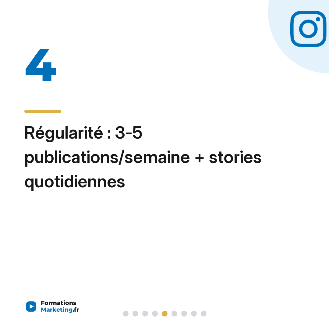 Régularité : 3-5 publications/semaine + stories quotidiennes