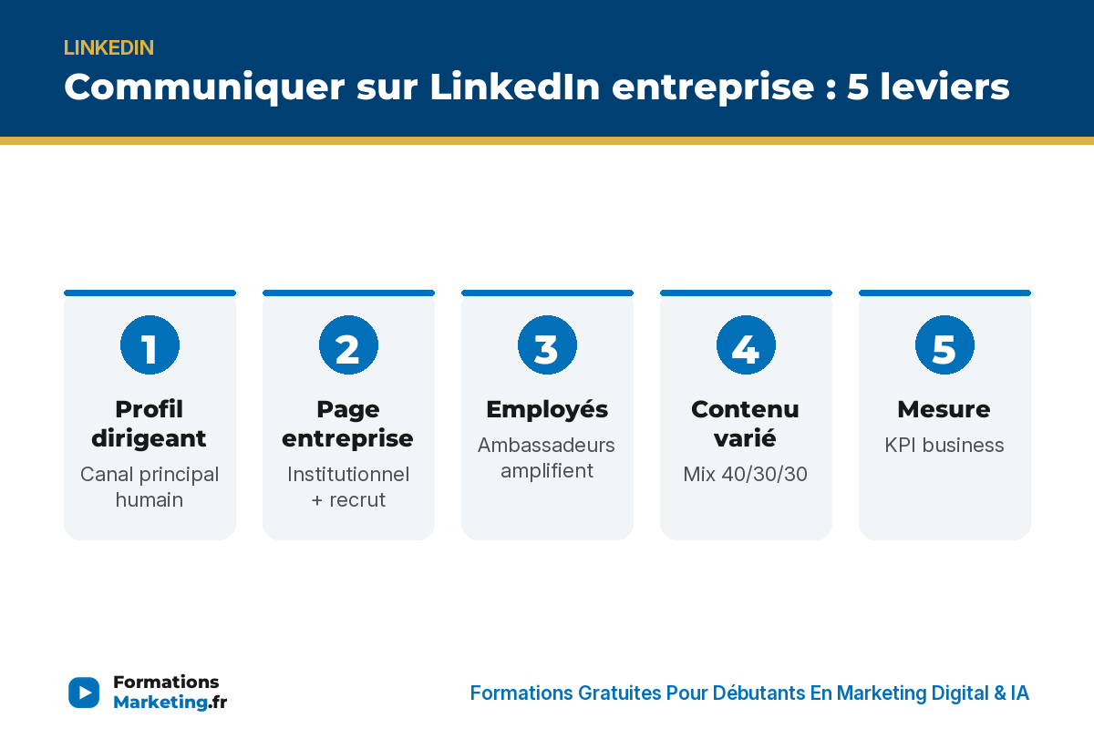 communiquer li infographie Communiquer LI entreprise 5 leviers : profil dirigeant, page, employés, contenu varié, mesure - formationsmarketing.fr
