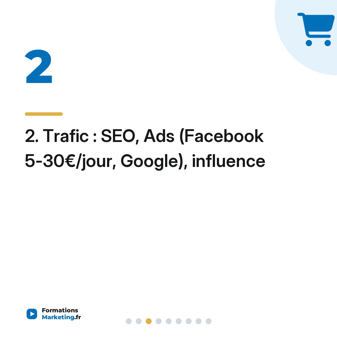 2. Trafic : SEO, Ads (Facebook 5-30€/jour, Google), influence