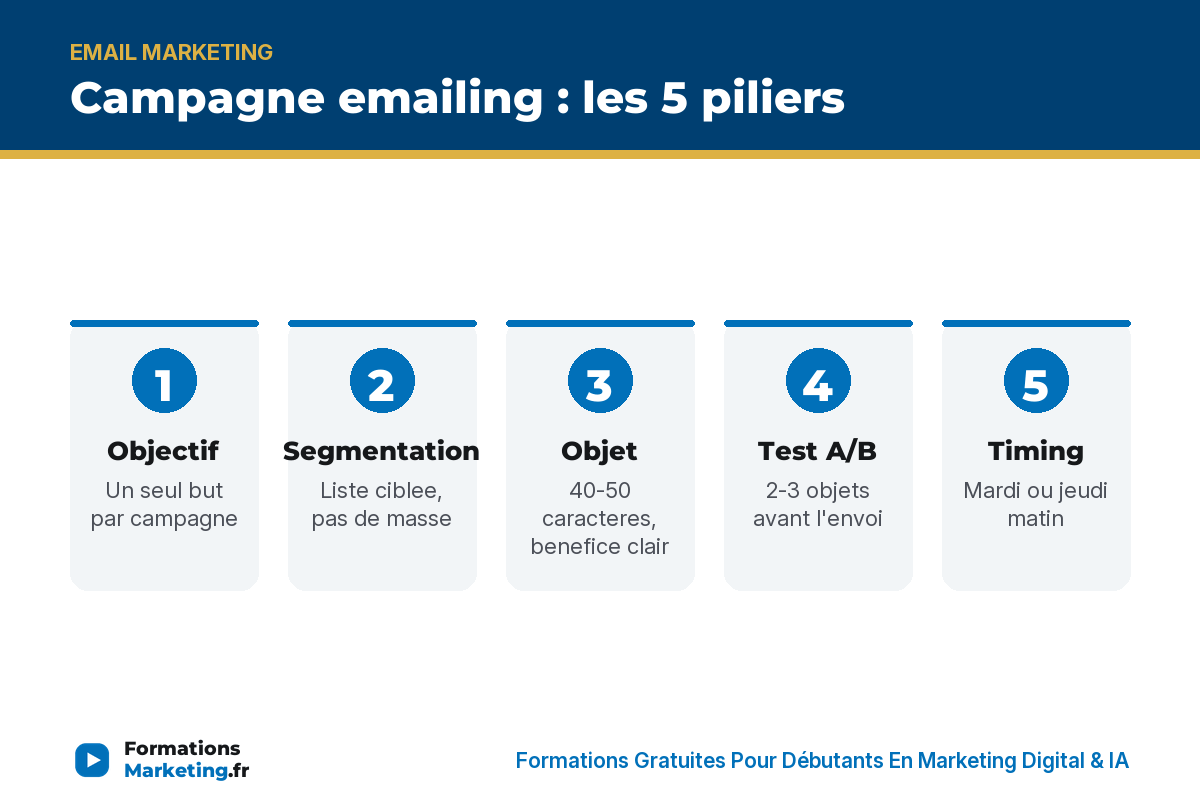 creer campagne emailing efficace infographie Campagne emailing : les 5 piliers, objectif segmentation objet test timing - formationsmarketing.fr