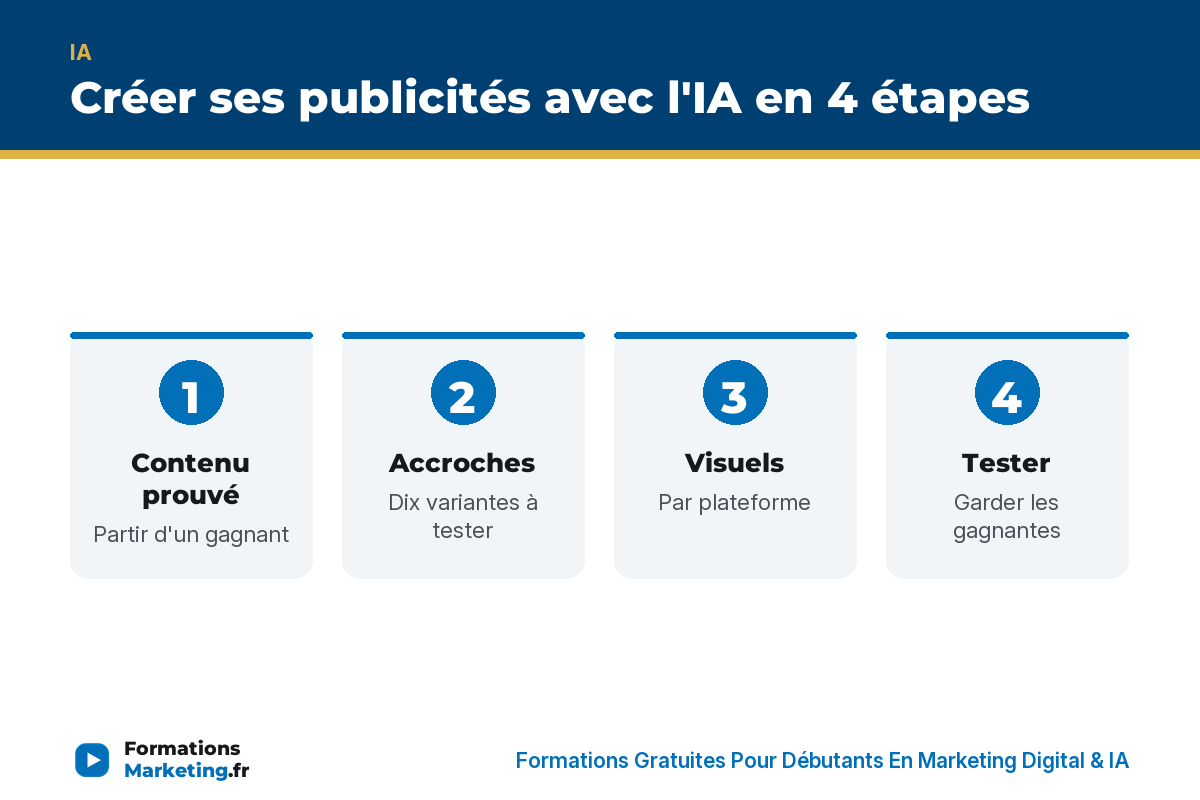 creer publicite avec ia infographie Créer ses publicités avec l'IA en 4 étapes : contenu prouvé, accroches, visuels, test - formationsmarketing.fr
