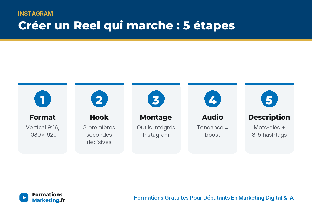Créer un Reel 5 étapes : format vertical, hook, montage, audio tendance, description - formationsmarketing.fr