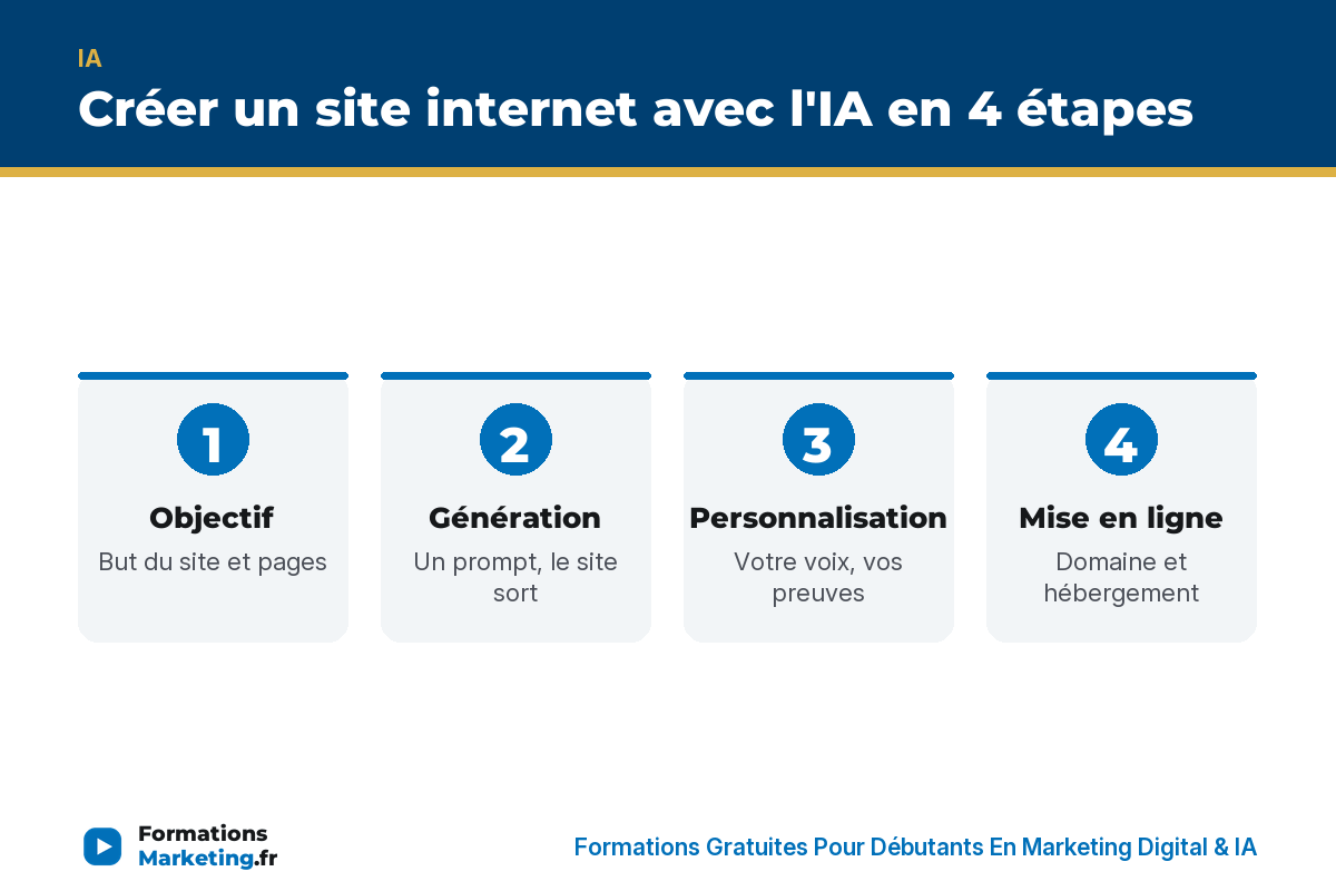 creer site internet avec ia infographie Créer un site internet avec l'IA en 4 étapes : objectif, génération, personnalisation, mise en ligne - formationsmarketing.fr