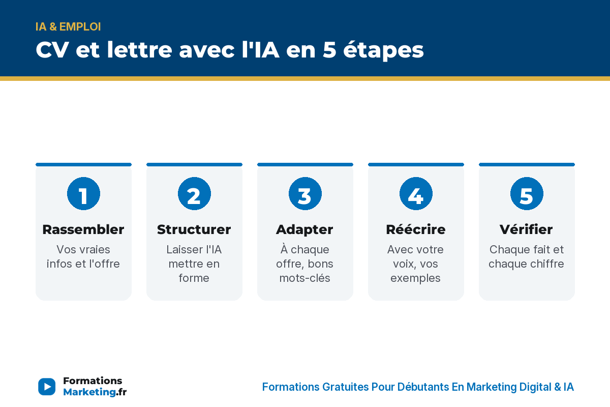 cv lettre motivation avec ia infographie CV et lettre avec l'IA en 5 étapes : rassembler, structurer, adapter, réécrire, vérifier - formationsmarketing.fr