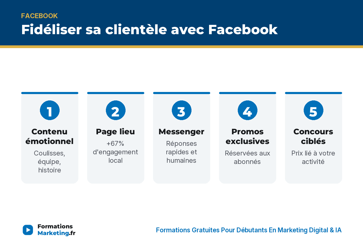 developper une clientele fidele a votre etablissement infographie Fidéliser sa clientèle avec Facebook : contenu, page lieu, Messenger, promos, concours, avis, régularité - formationsmarketing.fr