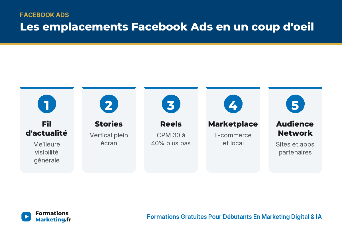 emplacements publicite facebook infographie Les emplacements Facebook Ads en un coup d'oeil : fil, stories, reels, marketplace, audience network, auto - formationsmarketing.fr