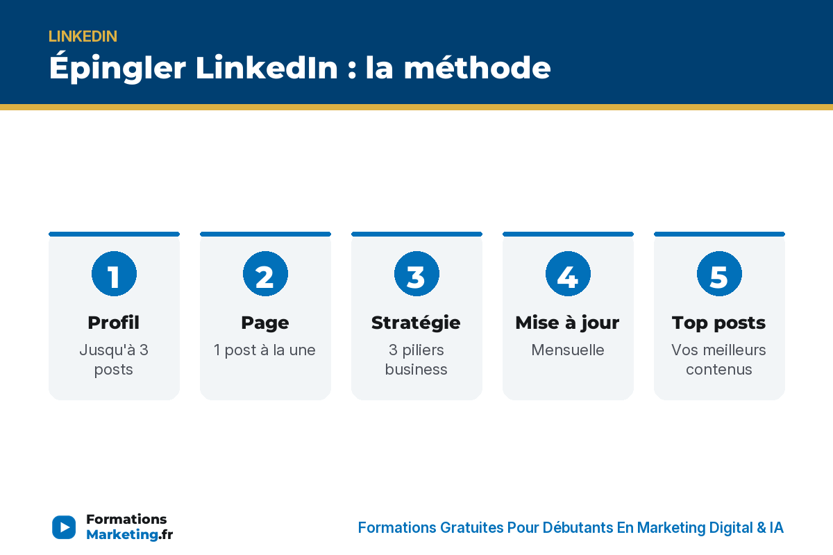 epingler li infographie Épingler LI : profil 3 posts, page 1 post, 3 piliers business, mise à jour mensuelle - formationsmarketing.fr