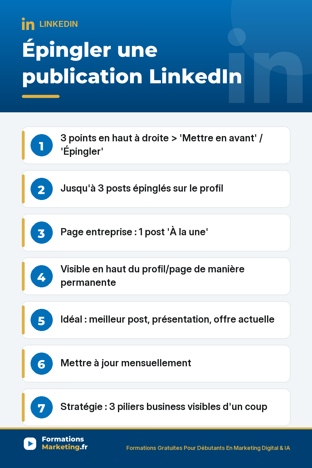 epingler li pinterest Épingler une publication sur LinkedIn profil et page : 3 points en haut à droite Mettre en avant ou Épingler en haut, profil personnel jusqu'à 3 posts épinglés section Mis en avant tout en haut, page entreprise 1 seul post À la une à la fois, stratégie optimale profil 3 piliers business qui vous êtes ce que vous faites comment on travaille ensemble, posts à épingler meilleur engagement témoignage cas client chiffré offre actuelle carrousel PDF, mise à jour mensuelle