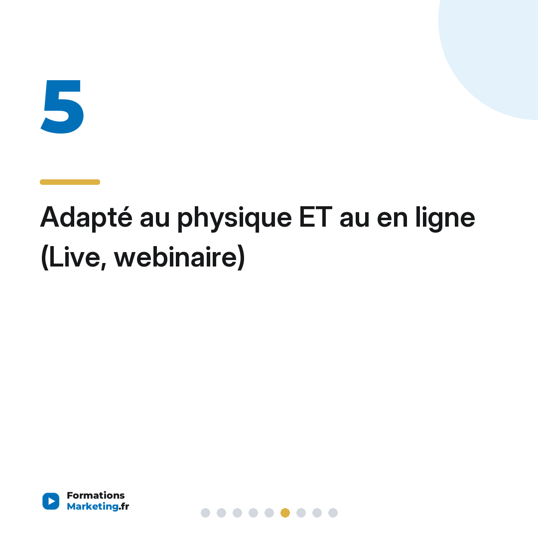 Adapté au physique ET au en ligne (Live, webinaire)
