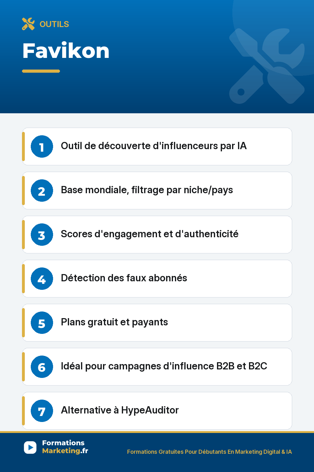 Favikon : Outil de découverte d'influenceurs par IA Base mondiale, filtrage par niche/pays Scores d'engagement et d'authenticité Détection des faux abonnés Plans gratuit et payants Idéal pour campagnes d'influence B2B et B2C Alternative à HypeAuditor