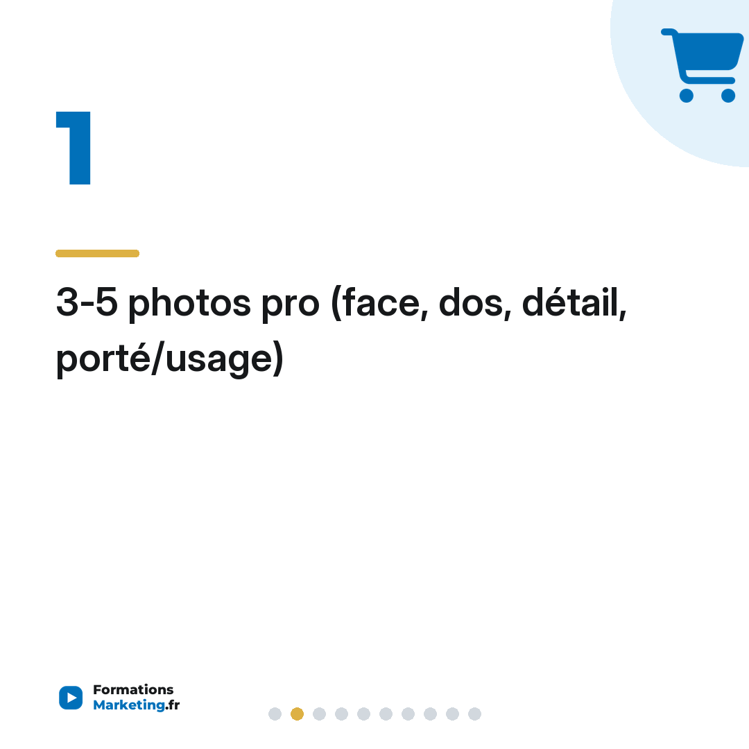 3-5 photos pro (face, dos, détail, porté/usage)