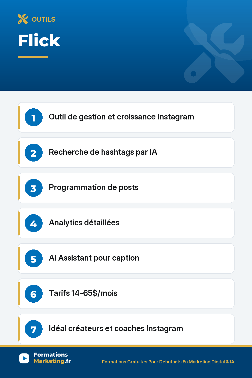 Flick : Outil de gestion et croissance Instagram Recherche de hashtags par IA Programmation de posts Analytics détaillées AI Assistant pour caption Tarifs 14-65$/mois Idéal créateurs et coaches Instagram