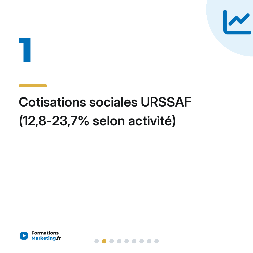 Cotisations sociales URSSAF (12,8-23,7% selon activité)