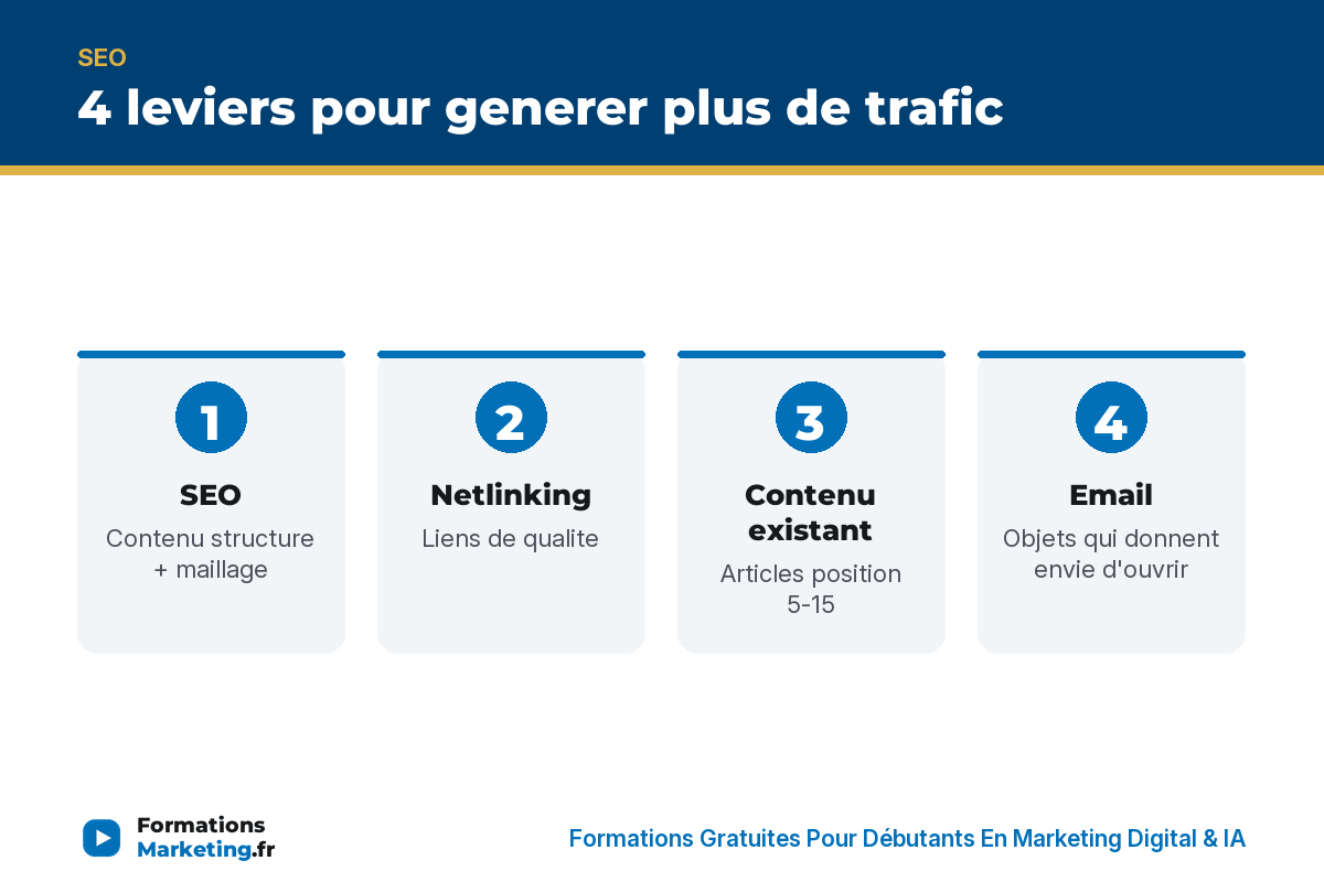 4 leviers pour generer plus de trafic sur son site : SEO, netlinking, contenu existant, email - formationsmarketing.fr