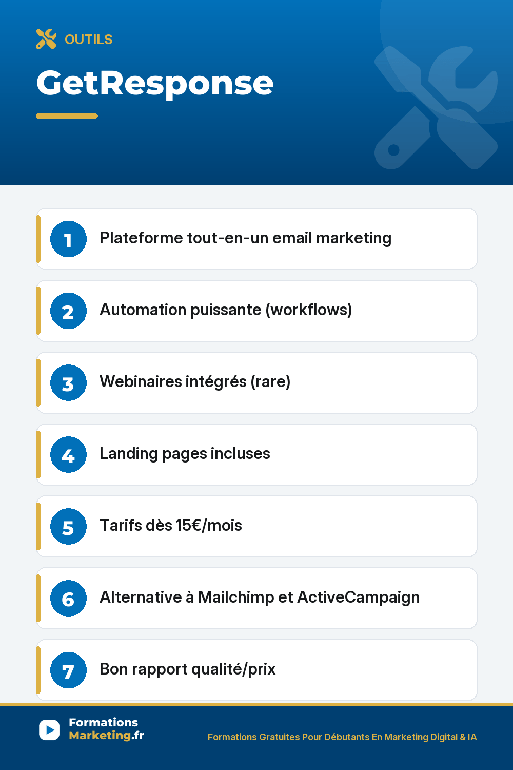 GetResponse : Plateforme tout-en-un email marketing Automation puissante (workflows) Webinaires intégrés (rare) Landing pages incluses Tarifs dès 15€/mois Alternative à Mailchimp et ActiveCampaign Bon rapport qualité/prix