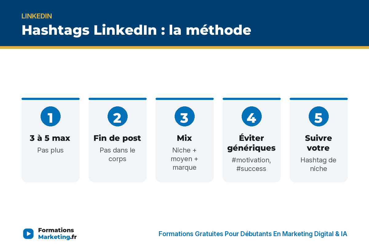 hashtags li infographie Hashtags LI : 3-5 max, fin de post, mix niche/moyen/marque, éviter génériques - formationsmarketing.fr