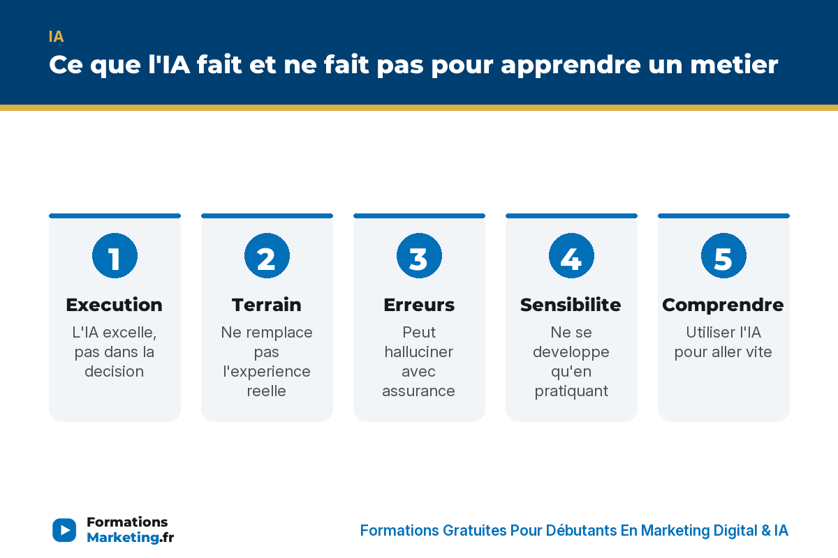 Ce que l'IA fait et ne fait pas pour apprendre un metier : execution, terrain, erreurs, sensibilite, comprendre, pratiquer, verifier - formationsmarketing.fr