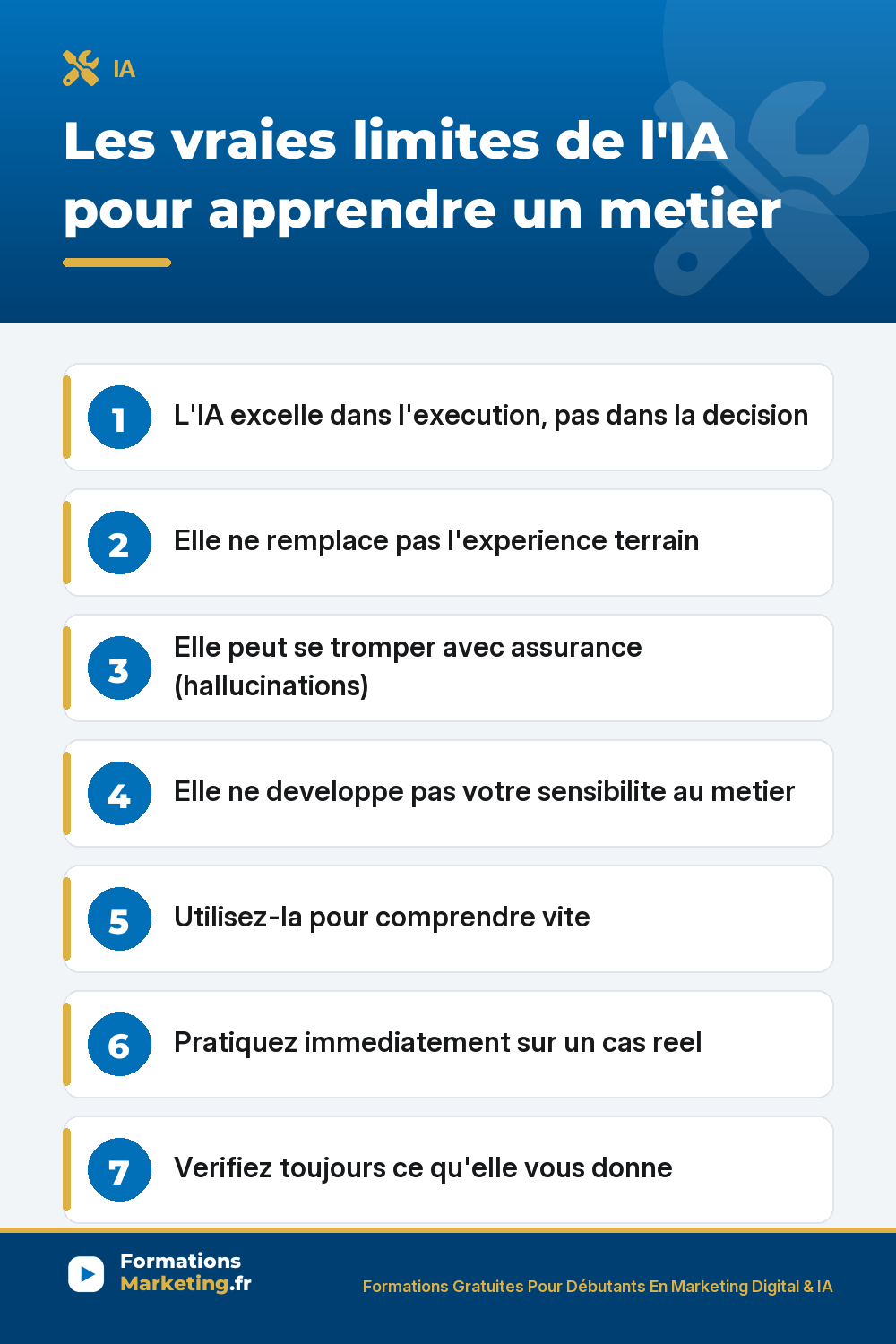 Les vraies limites de l'IA pour apprendre un metier : execution, decision, experience terrain, hallucinations, sensibilite metier, pratique reelle