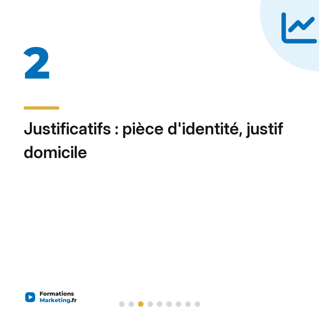 Justificatifs : pièce d'identité, justif domicile