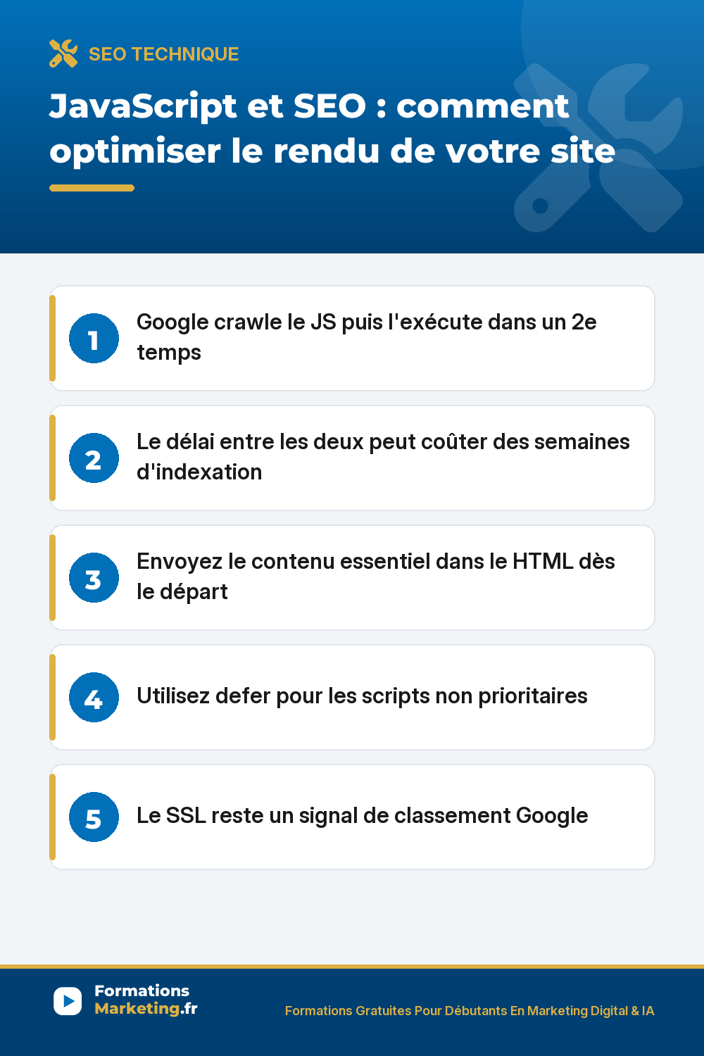 javascript seo optimisation pinterest JavaScript et SEO : Google crawle puis execute en 2 temps, envoyer le contenu essentiel en HTML, defer pour les scripts secondaires, SSL signal de classement