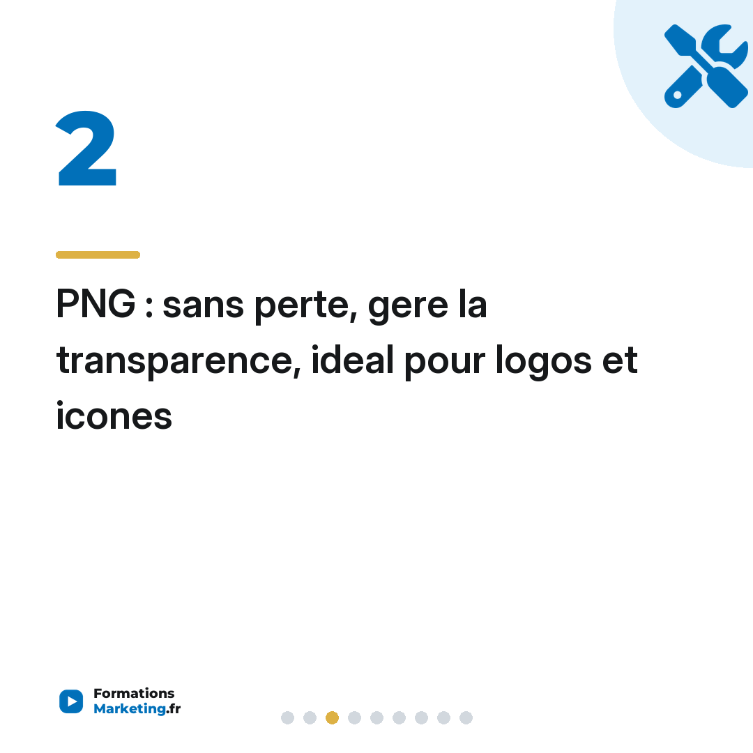 PNG : sans perte, gere la transparence, ideal pour logos et icones