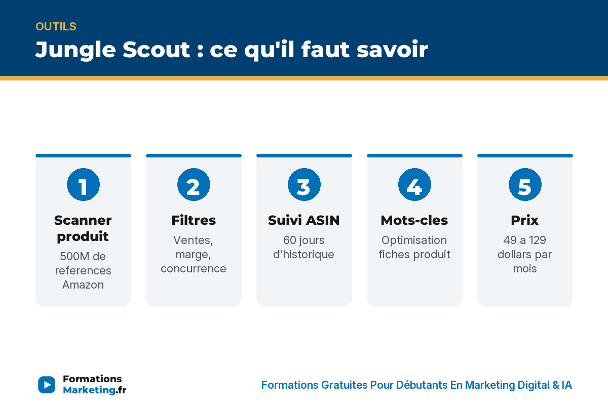 jungle scout avis infographie Jungle Scout : scanner produit, filtres, suivi ASIN, mots-cles, prix, avant de payer, ideal pour premier lancement - formationsmarketing.fr