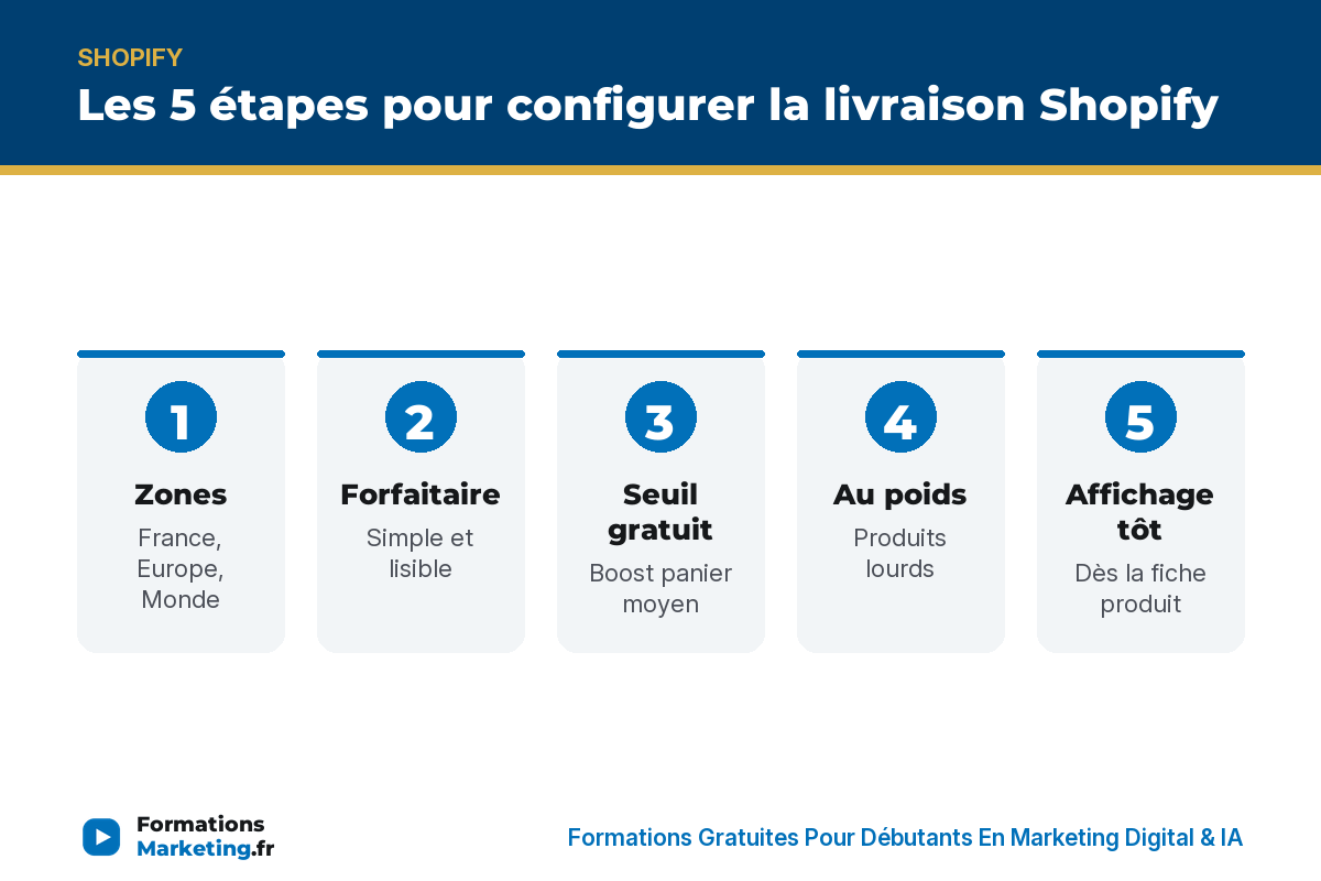 Les 5 étapes pour configurer la livraison Shopify : zones, forfaitaire, seuil, au poids, affichage tôt - formationsmarketing.fr