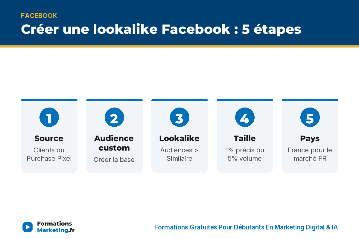 lookalike facebook infographie Créer une lookalike : source, audience custom, lookalike, taille, pays - formationsmarketing.fr